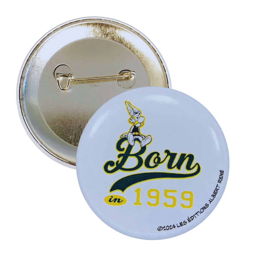 丸型缶バッジ © アステリックス - Born 1959 - 緑文字 - C#118